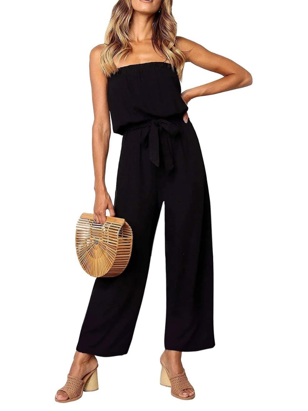 Classic Strapless Black Wide-Leg Jumpsuit with Waist Tie